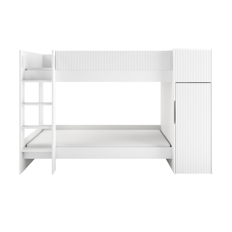 White Ribbed Bunk Bed with Storage and Wardrobe - Riya