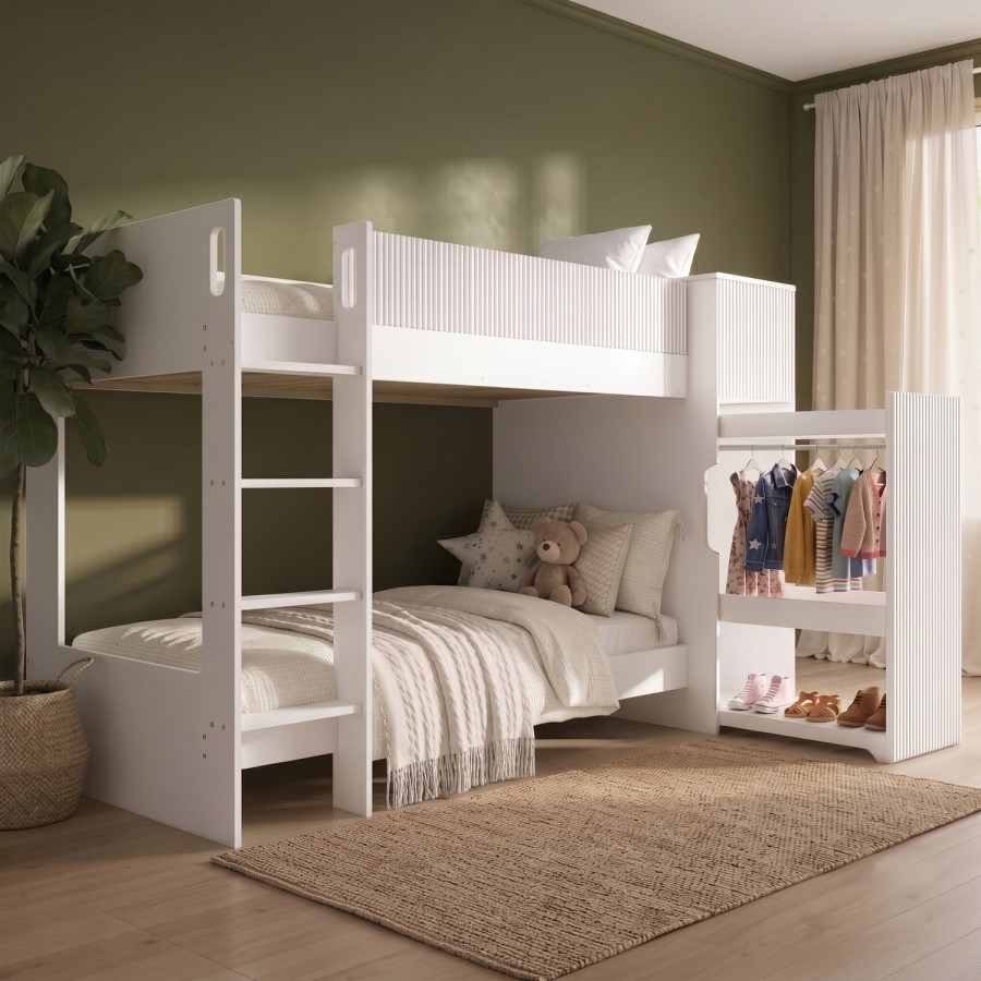 White Ribbed Detail Bunk Bed with Storage - Riya