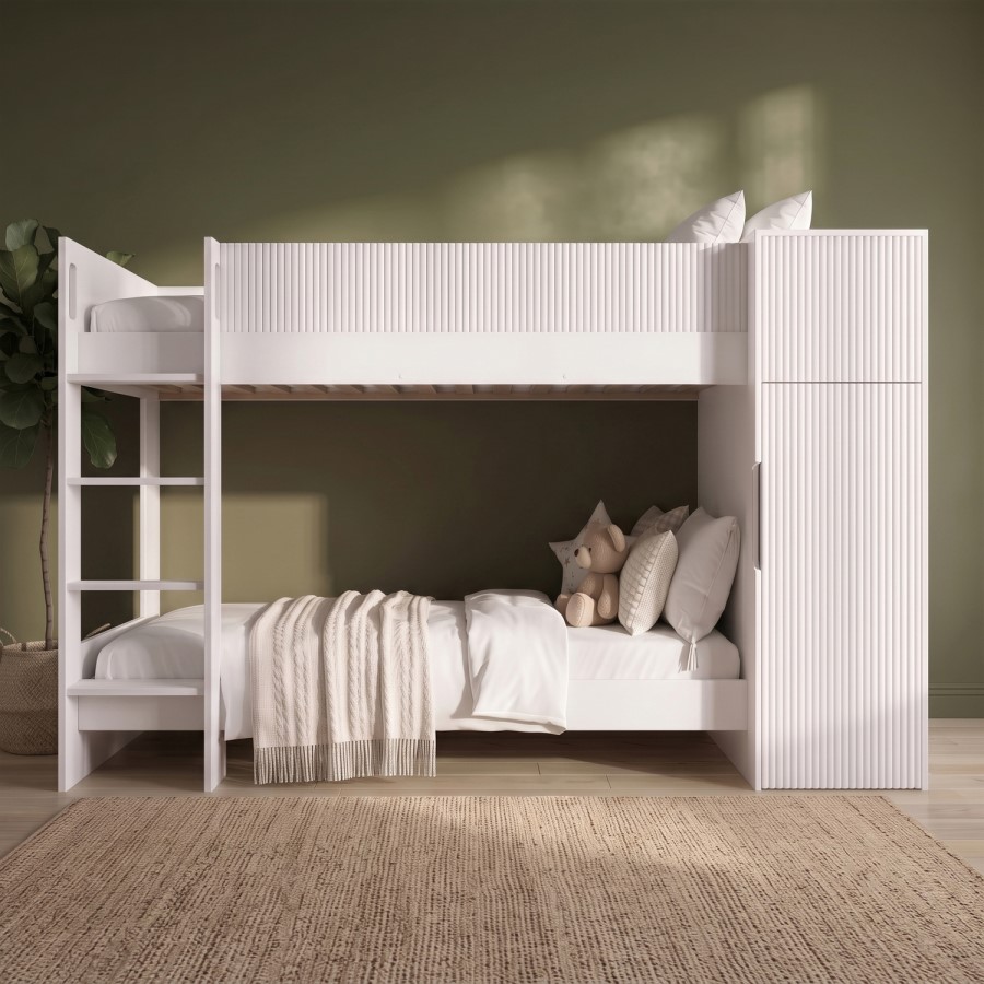 White Ribbed Detail Bunk Bed with Storage - Riya