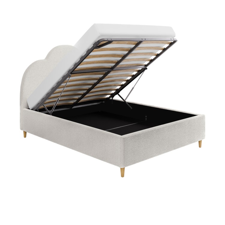 Off-White Boucle Double Ottoman Bed with Legs and Scalloped Headboard - Roma