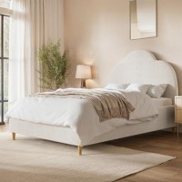 Off-White Boucle Small Double Ottoman Bed with Legs and Scalloped Headboard - Roma