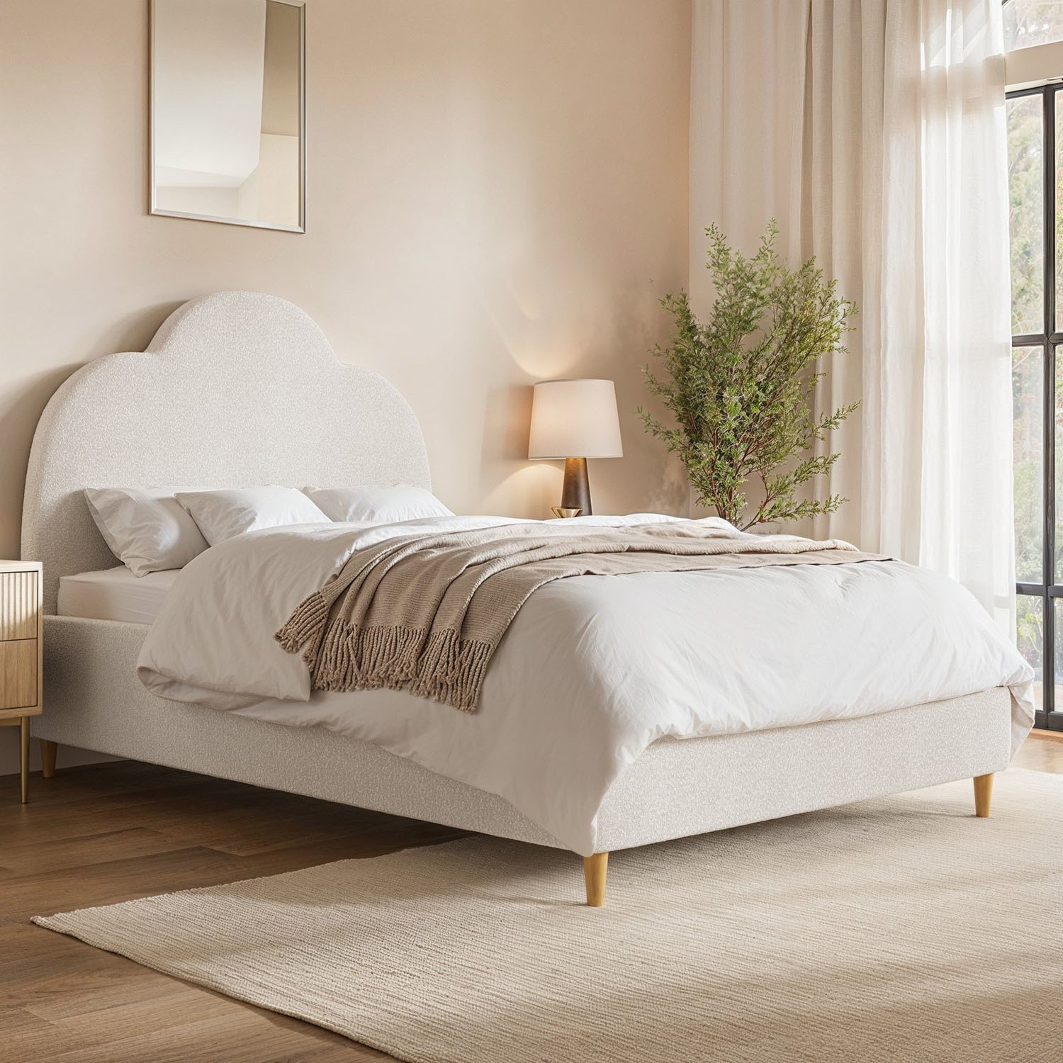 Roma Cream Boucle Small Double Ottoman Bed With Scalloped Headboard