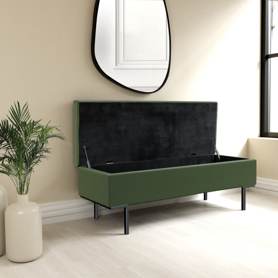 GRADE A1 - Upholstered Ottoman Storage Bench in Green Corduroy - Roman
