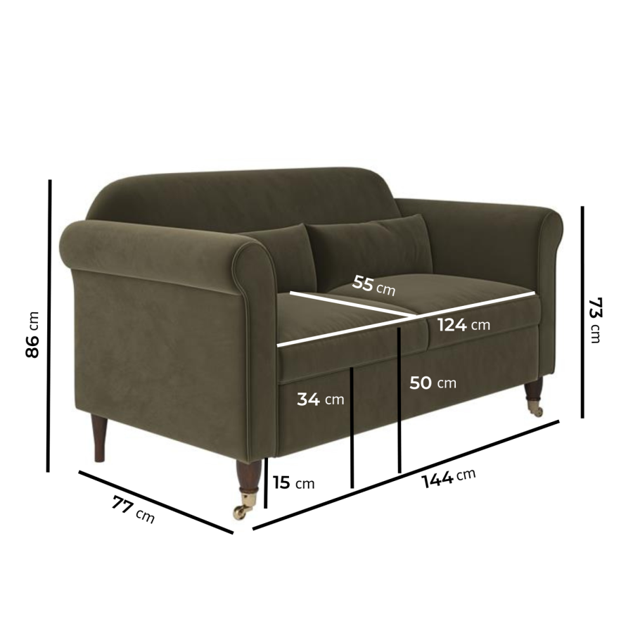 Khaki Green Velvet 2-Seater Sofa - Ramona