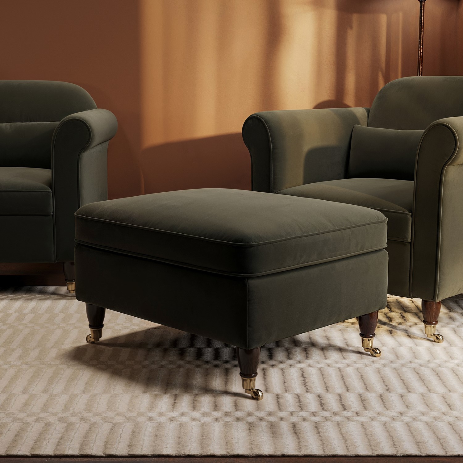 Khaki Green Velvet Footstool