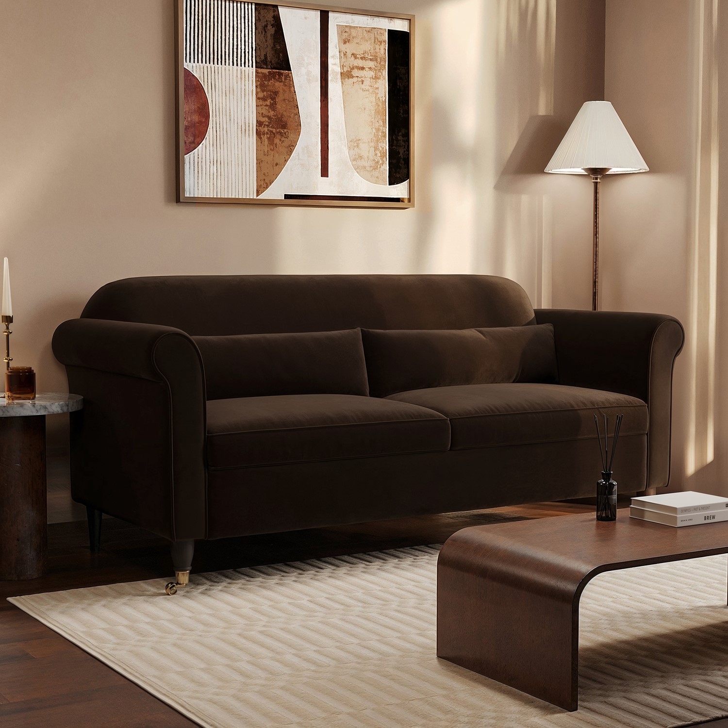 Chocolate Brown Velvet 3 Seater Sofa