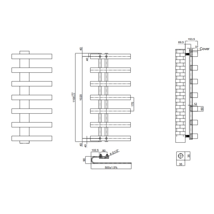Reina Panaro Brass Designer Towel Radiator - 1100 x 500mm
