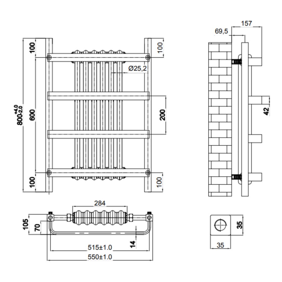 Reina Regina Black Designer Column Radiator with Towel Rail 800 x 550mm