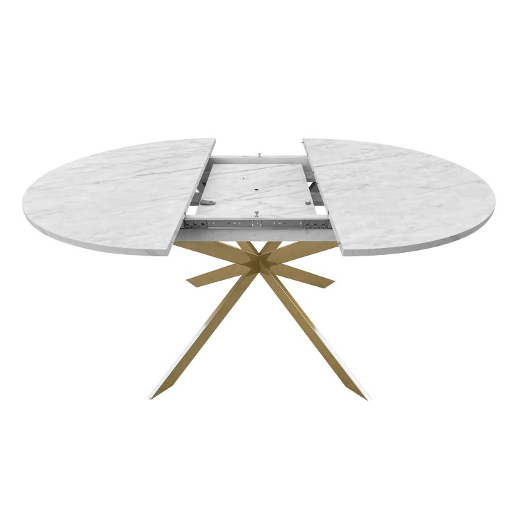 Round to Oval White Marble Effect Extendable Dining Table with Gold Legs - Seats 4 - 6 - Reine