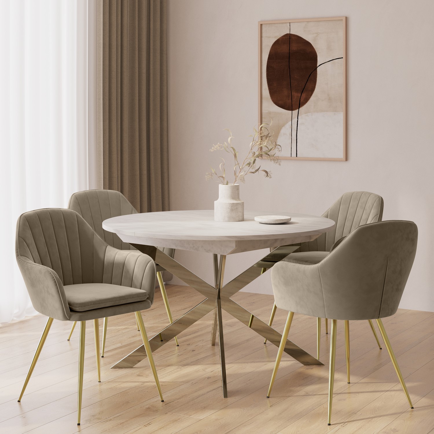 Mable Extendable Table Round to Oval White Marble Effect Extendable Dining Table with Gold ...