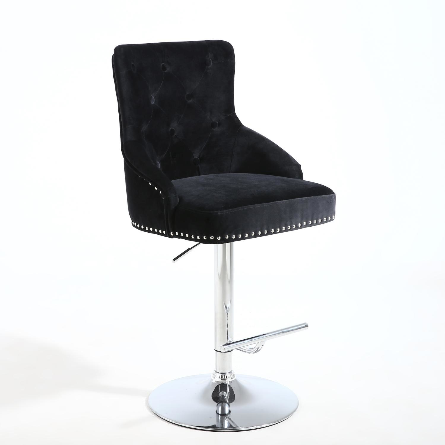 Adjustable Bar Stool in Black Velvet with Silver Studs - Rocco