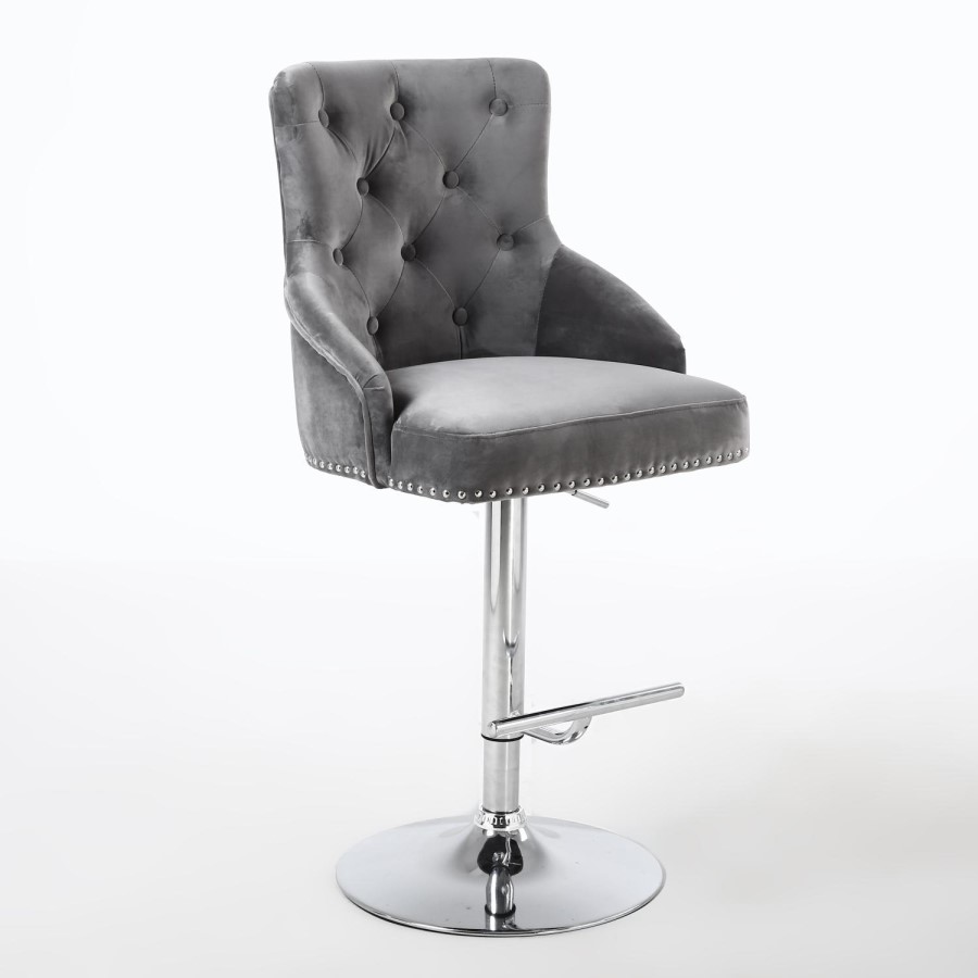 GRADE A1 - Rocco Brushed Velvet Grey/Silver Adjustable Bar Stool with Stud Detail
