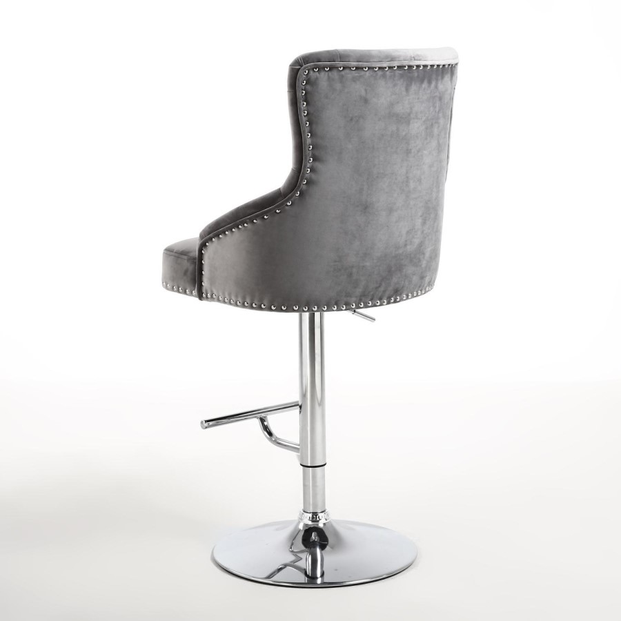 GRADE A1 - Rocco Brushed Velvet Grey/Silver Adjustable Bar Stool with Stud Detail