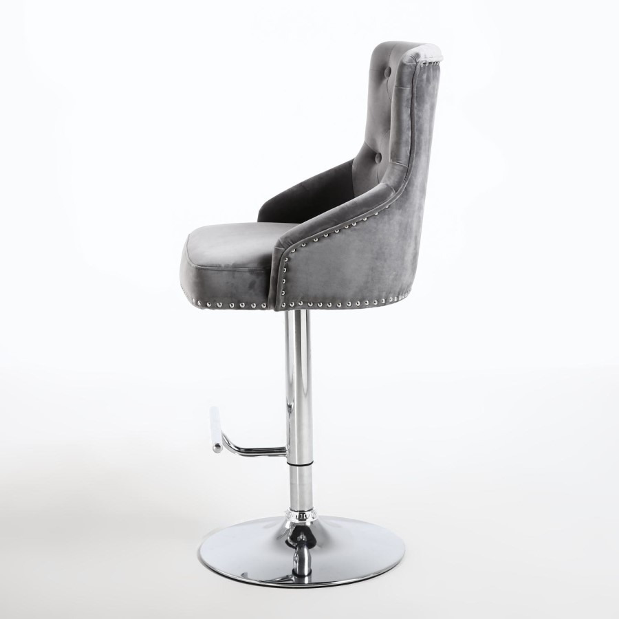 GRADE A1 - Rocco Brushed Velvet Grey/Silver Adjustable Bar Stool with Stud Detail