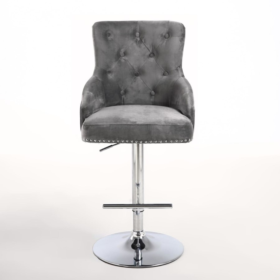 GRADE A1 - Rocco Brushed Velvet Grey/Silver Adjustable Bar Stool with Stud Detail