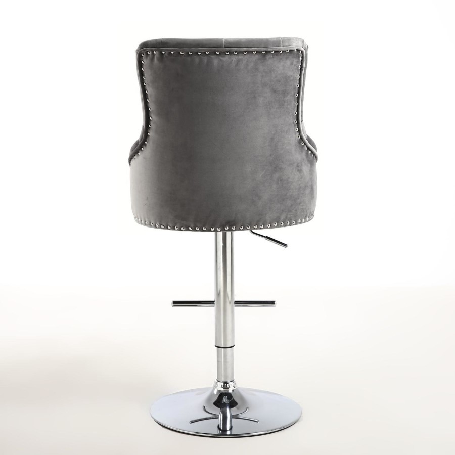 GRADE A1 - Rocco Brushed Velvet Grey/Silver Adjustable Bar Stool with Stud Detail