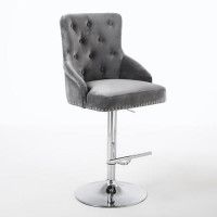 GRADE A1 - Rocco Brushed Velvet Grey/Silver Adjustable Bar Stool with Stud Detail