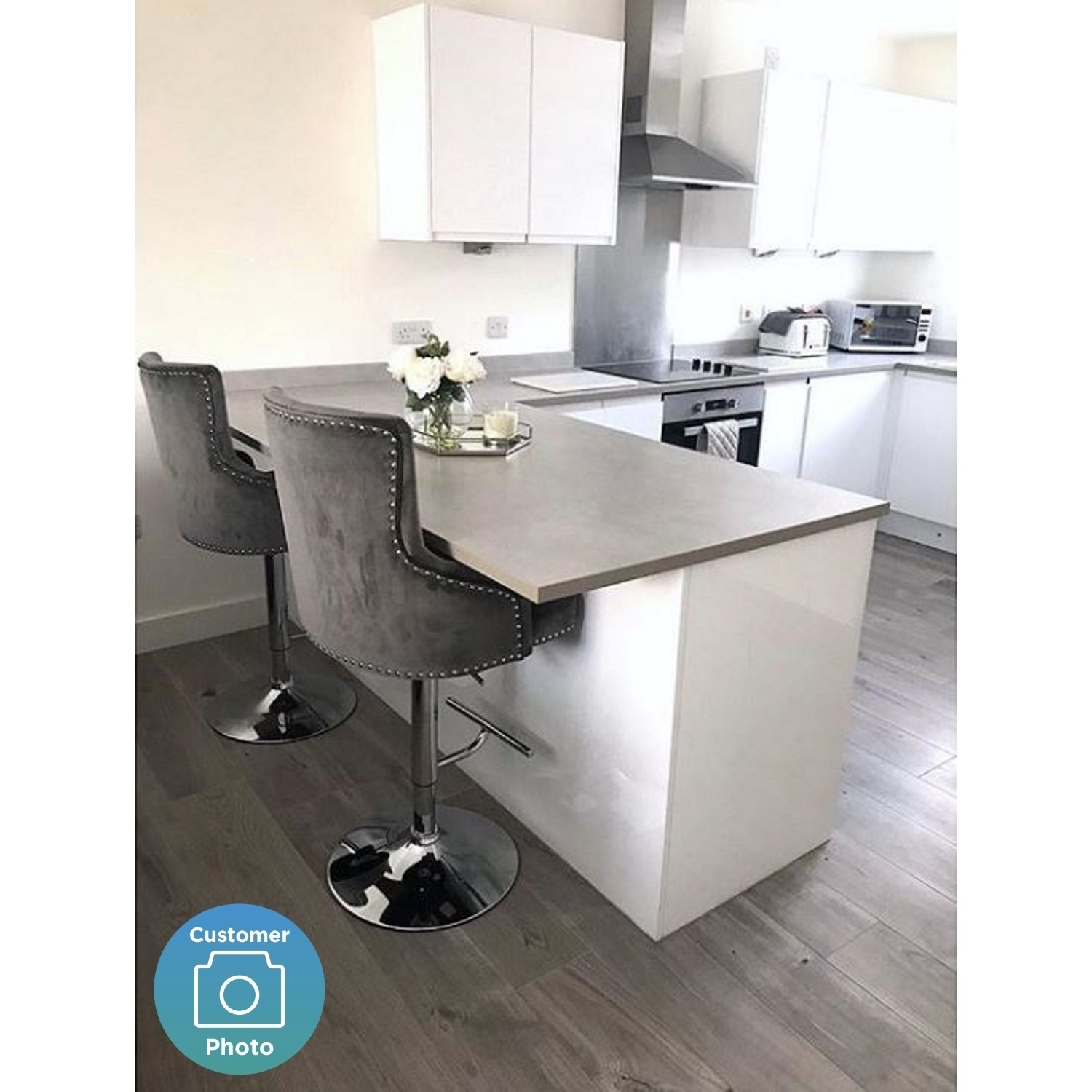 adjustable bar stool in silver grey velvet with silver studs rocco