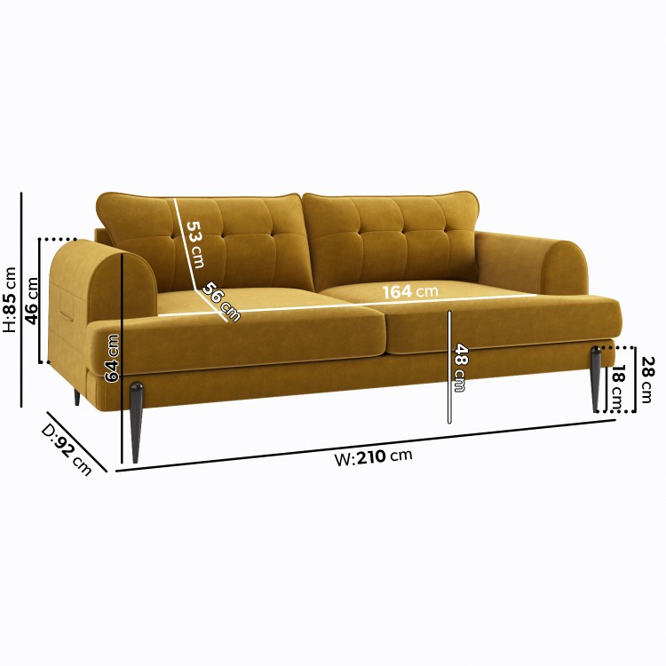 Mustard Velvet 3 Seater Sofa - Rosie