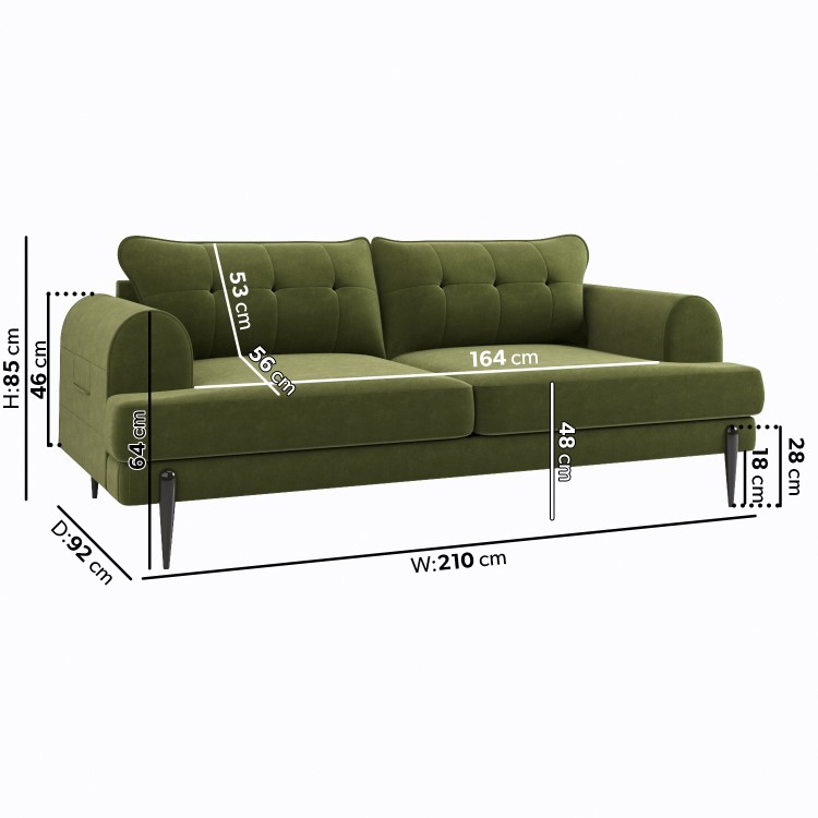 Olive Green Velvet 3 Seater Sofa - Rosie