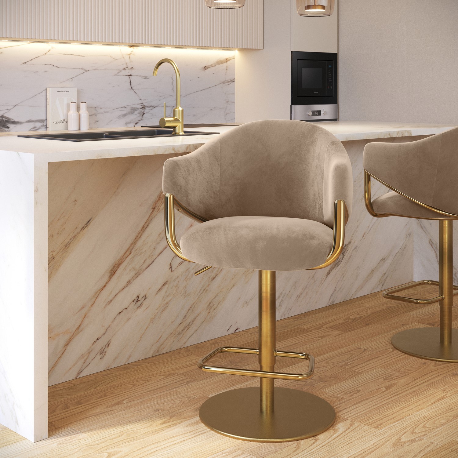 Ronnie Beige Velvet Adjustable Swivel Bar Stool With Gold Base