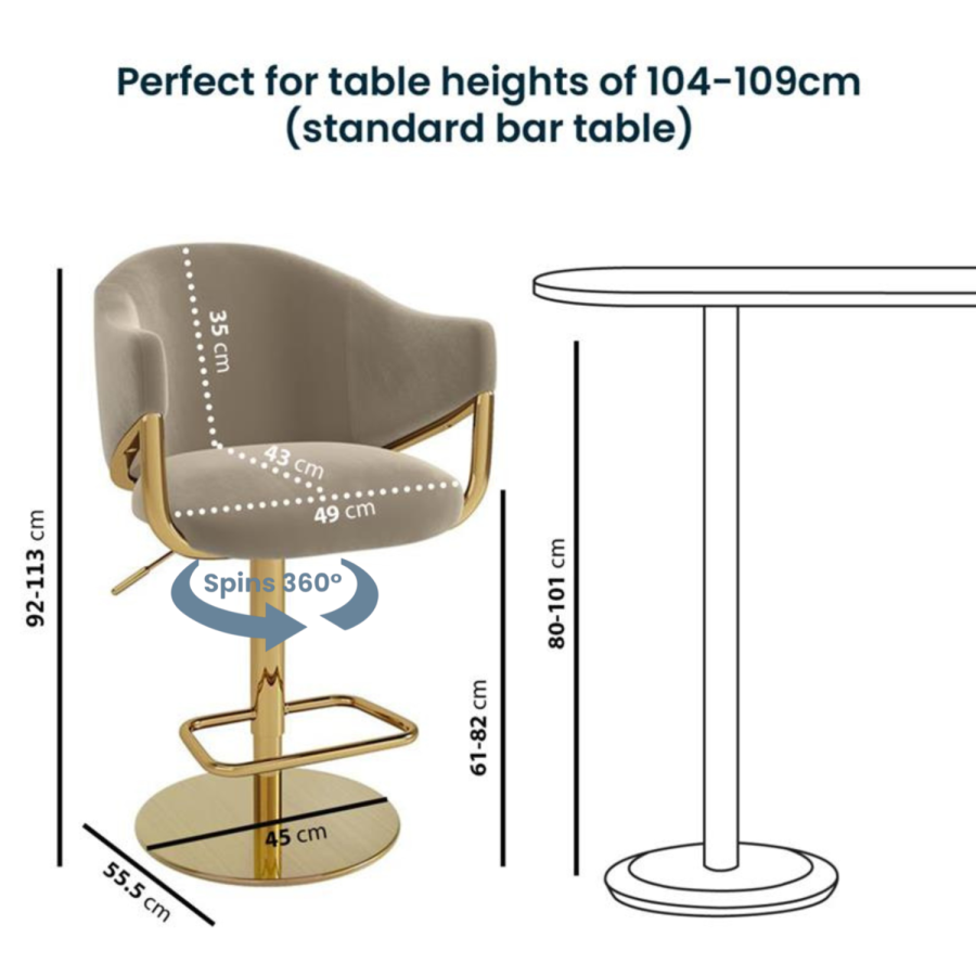 ONLY OPENED - Beige Velvet Adjustable Swivel Bar Stool with Gold Base - Ronnie