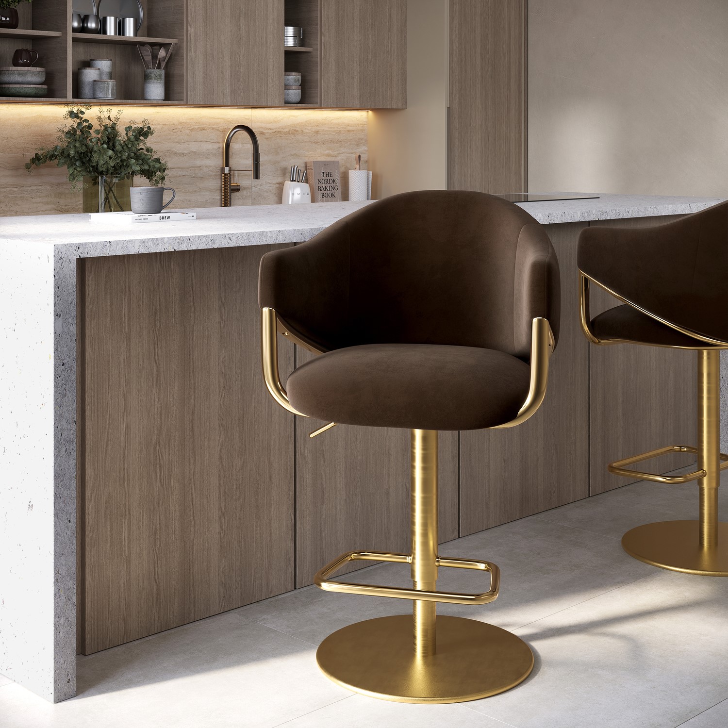 Ronnie Brown Velvet Adjustable Swivel Bar Stool With Gold Base