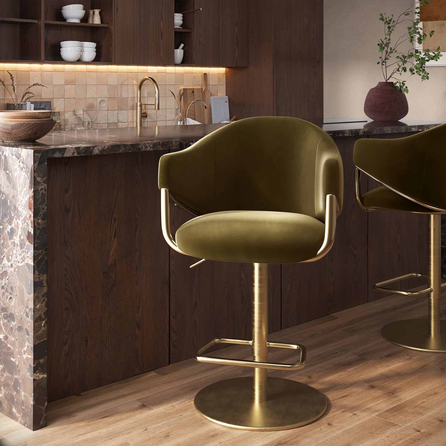 Olive Green Velvet Adjustable Swivel Bar Stool Gold Base