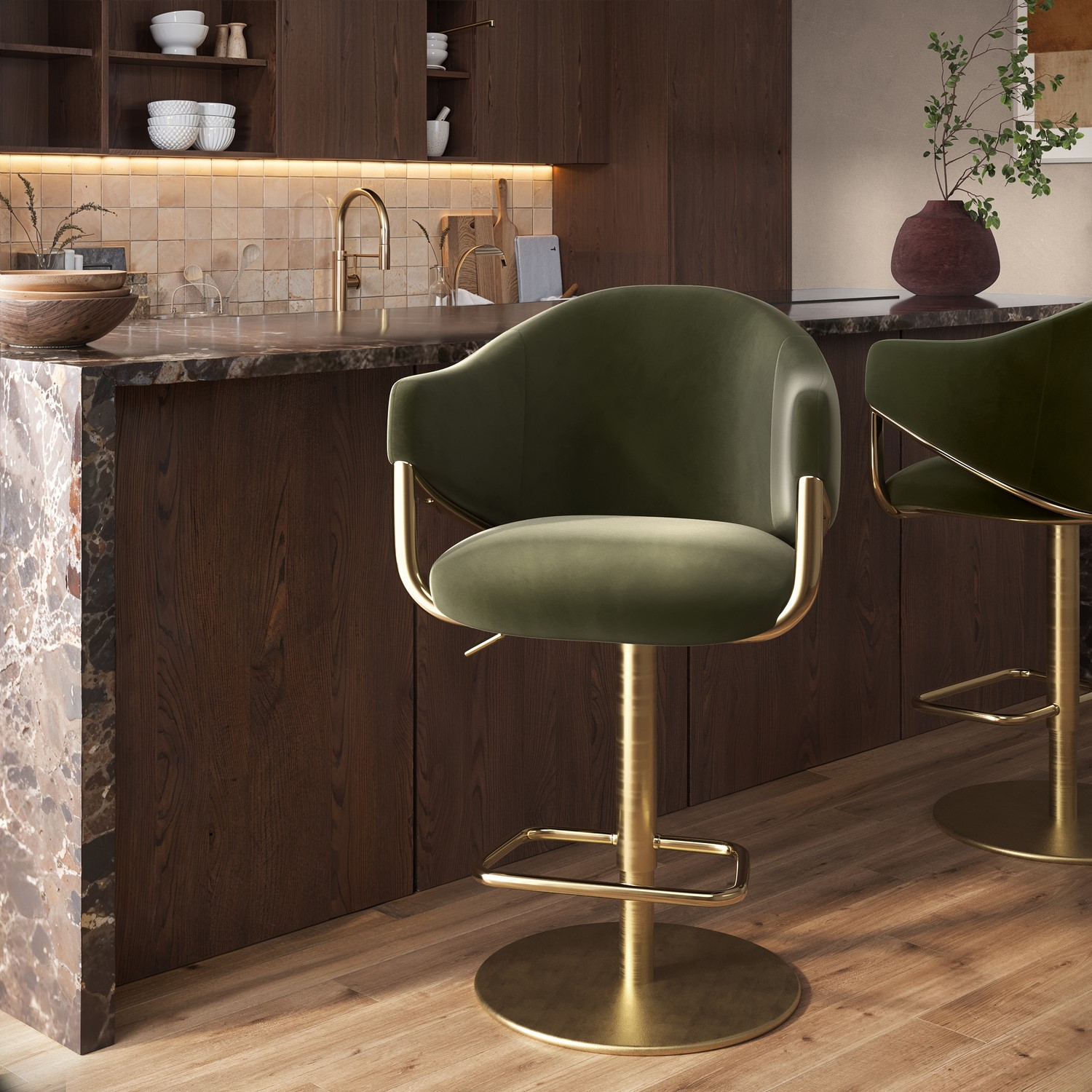 Ronnie Green Olive Velvet Adjustable Swivel Bar Stool With Gold Base