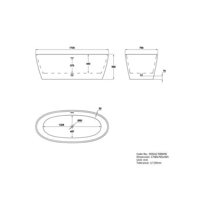 Matt White Freestanding Double Ended Bath 1700 x 760mm - Rosa