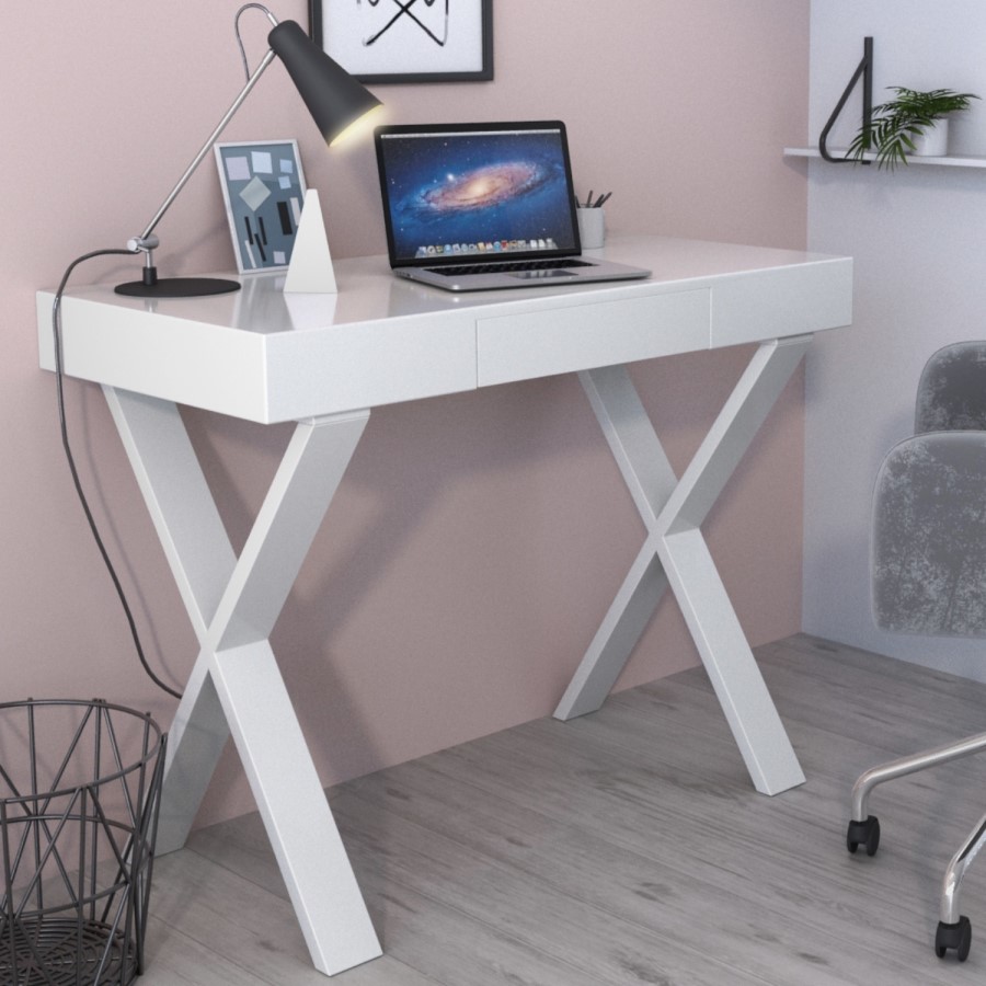 White Gloss Desk with Crossed Legs and Drawer - Roxy