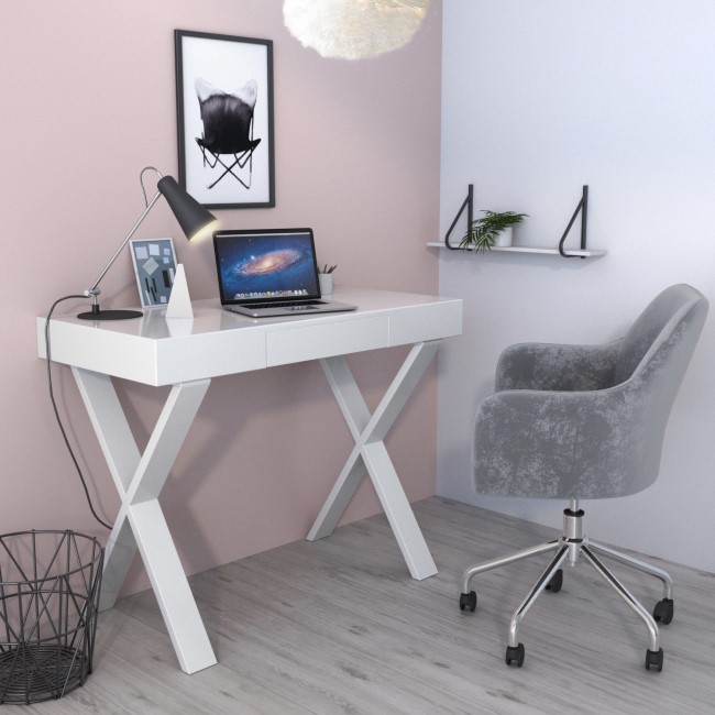 White Gloss Desk with Crossed Legs and Drawer - Roxy