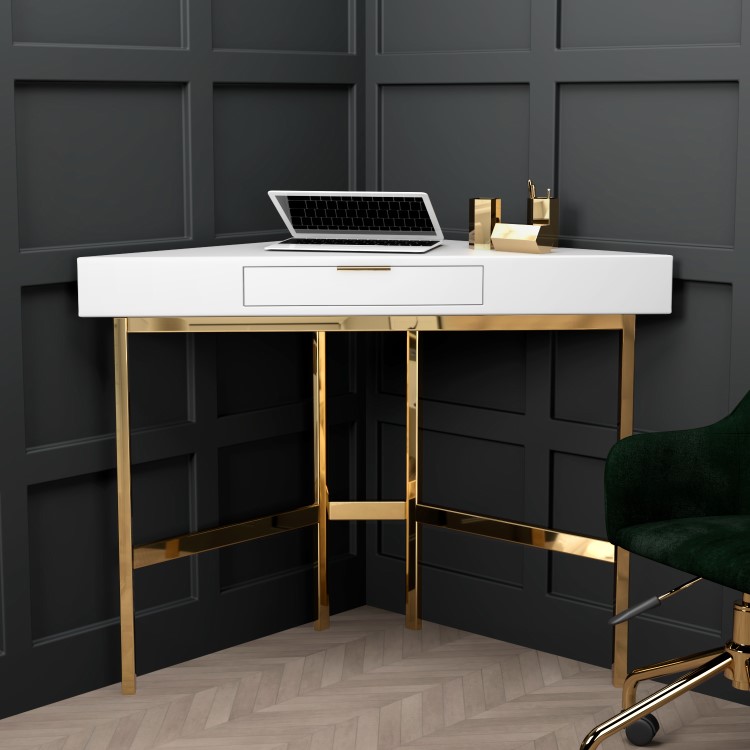 GRADE A2 - White Gloss Corner Desk with Gold Legs - Roxy