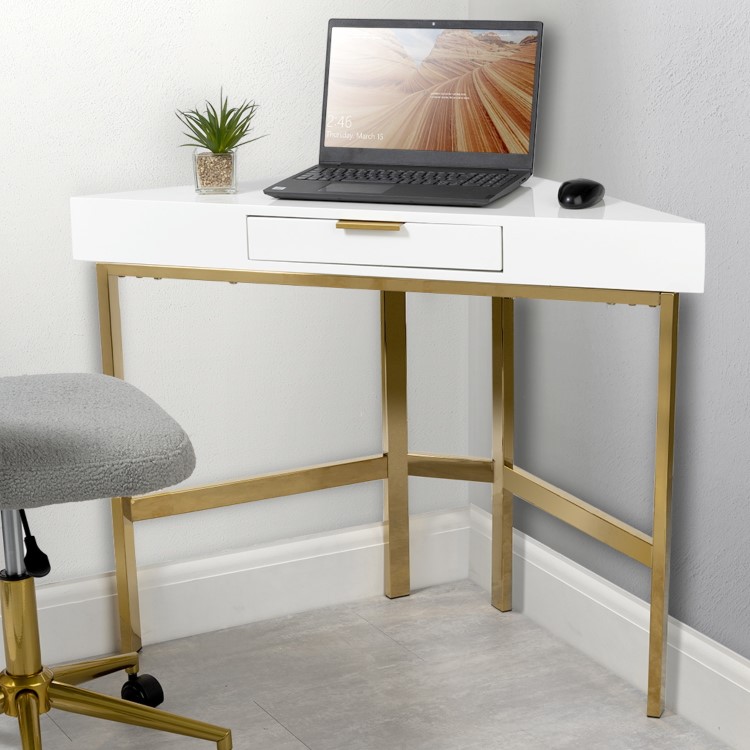 White Gloss Corner Desk with Storage Drawer - Roxy