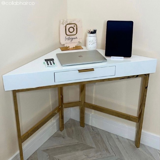 GRADE A2 - White Gloss Corner Desk with Gold Legs - Roxy