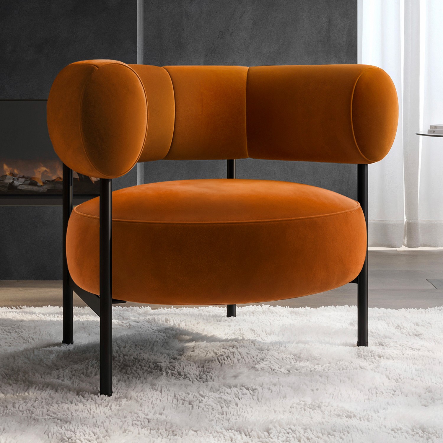 Romy Orange Rust Velvet Curved Armchair