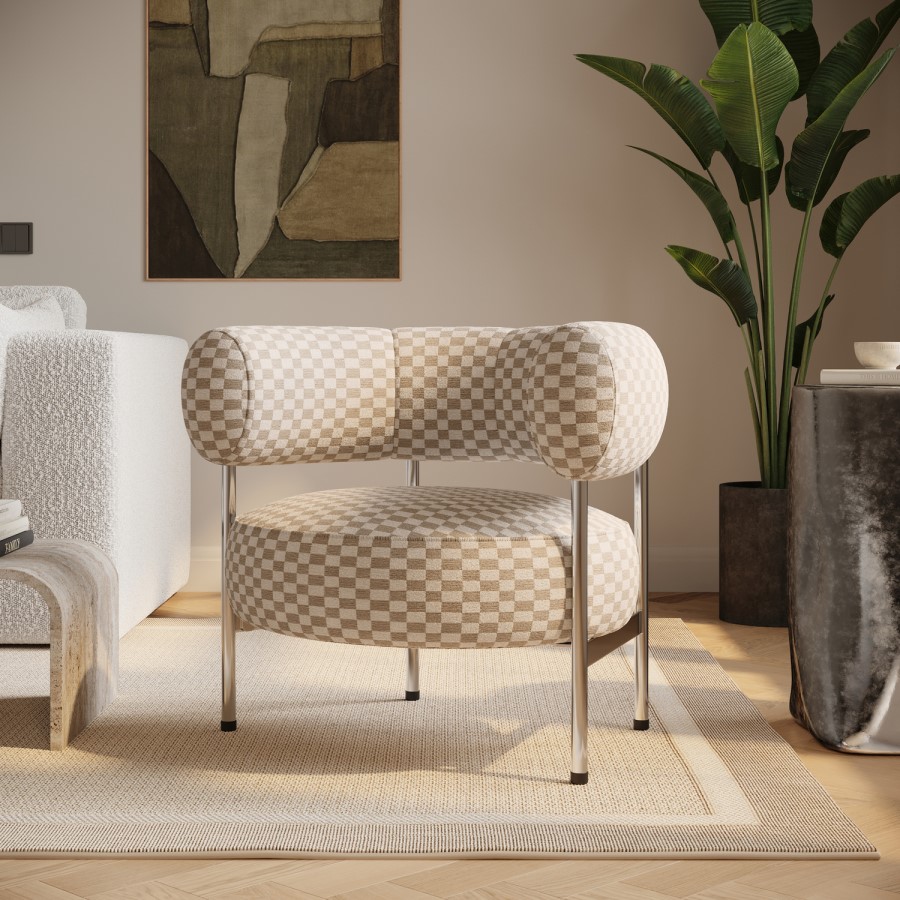 Beige Checkerboard Curved Armchair - Romy 