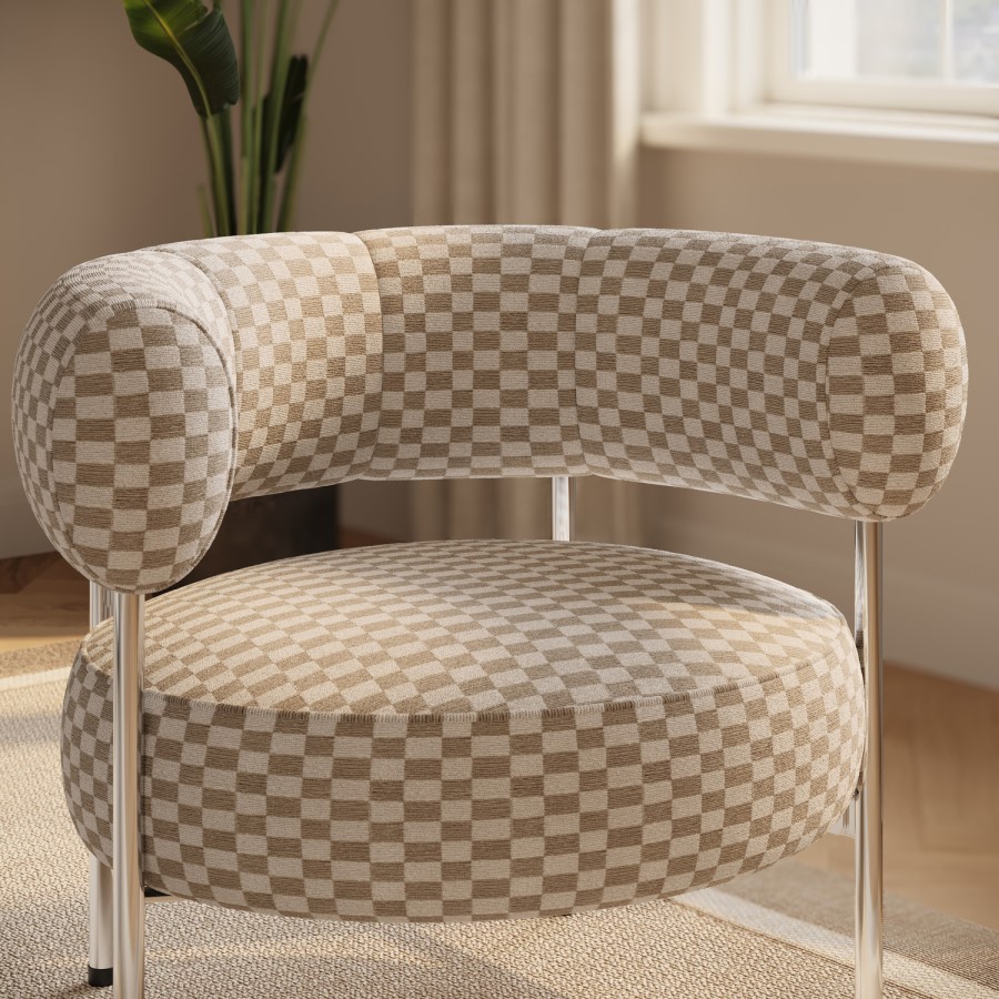 Beige Checkerboard Curved Armchair - Romy 