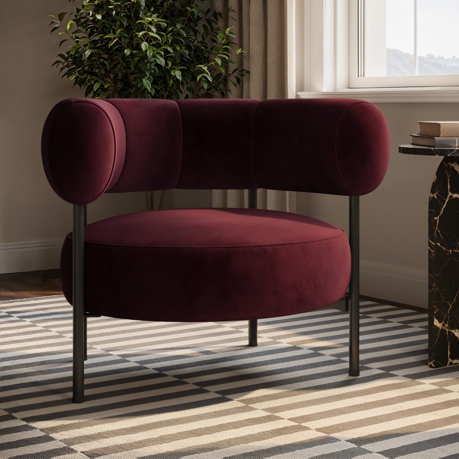 Burgundy Velvet Curved Armchair - Romy 