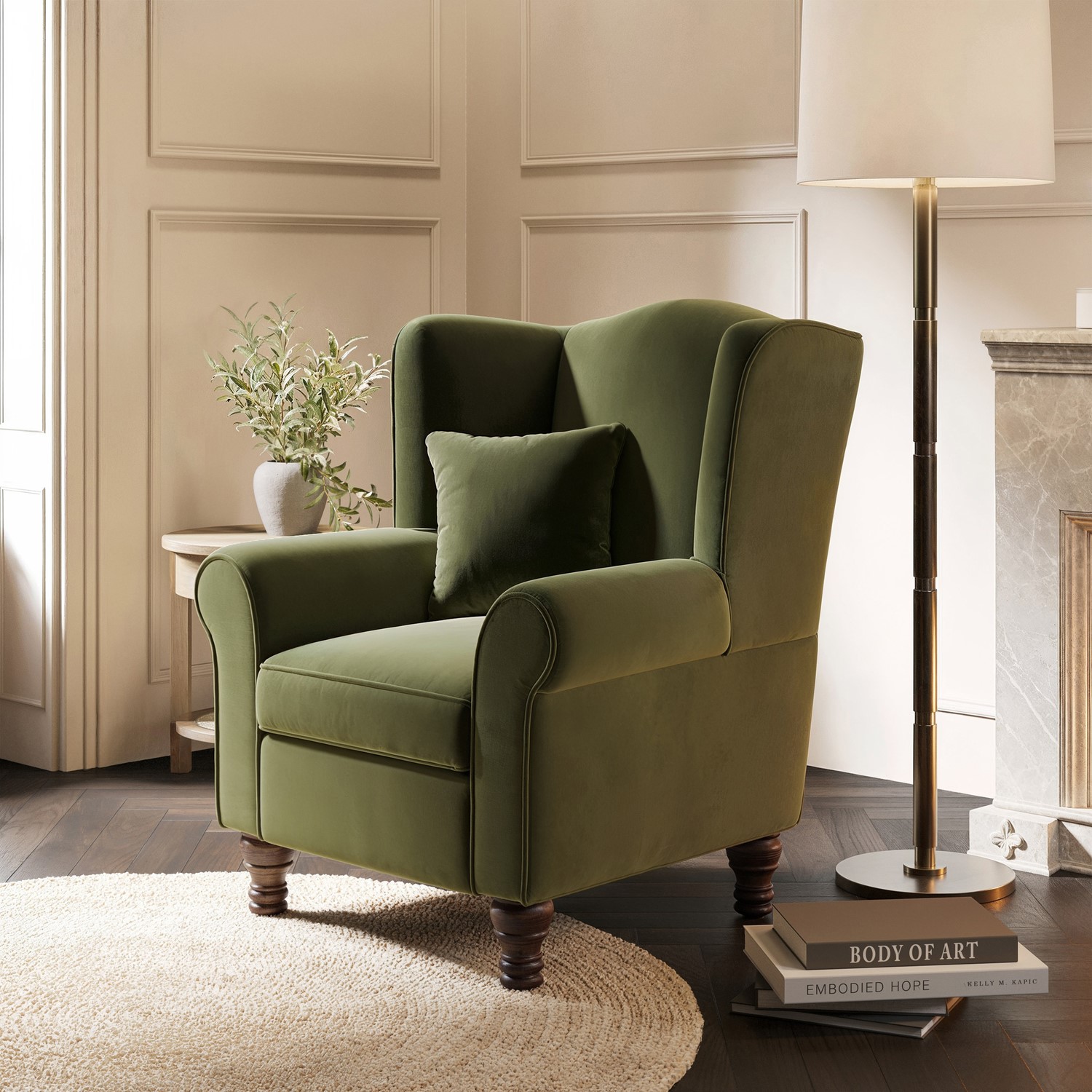 Rupert Green Olive Velvet Wingback Armchair
