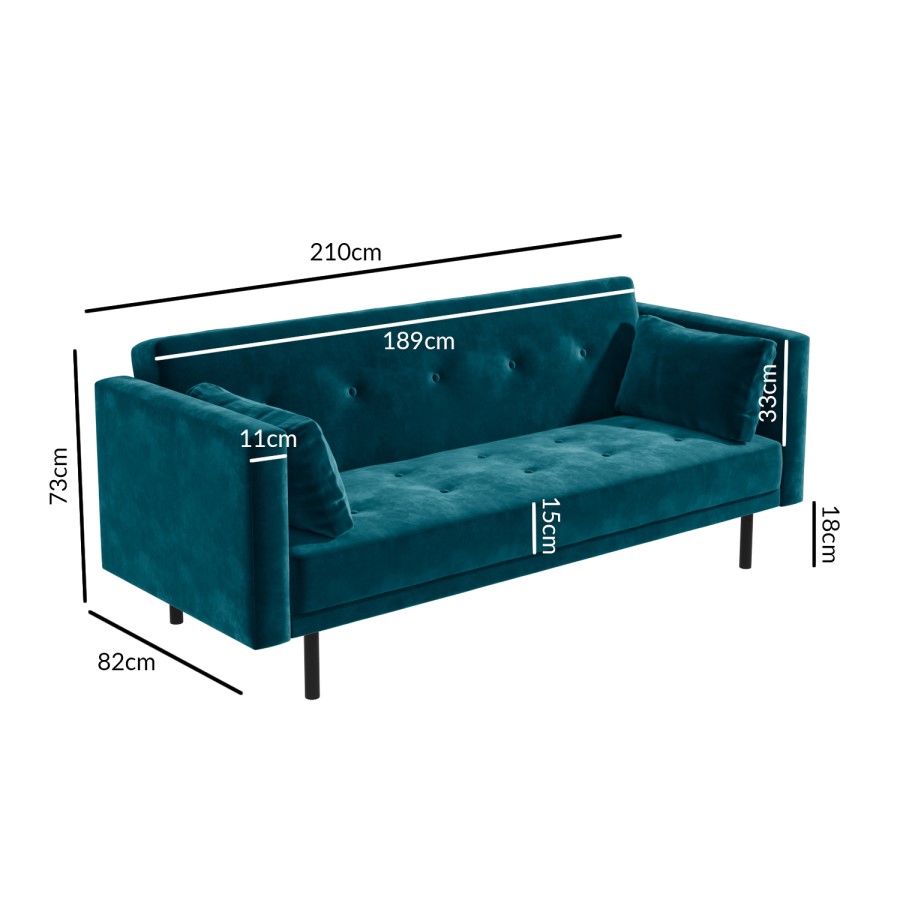 GRADE A2 - Teal Blue Velvet Sofa Bed with Cushions - Seats 3 - Rory