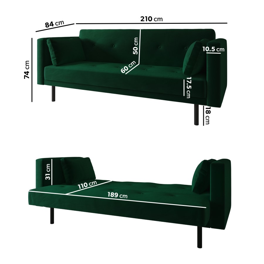 ONLY OPENED - Green Velvet Click Clack Sofa Bed - Seats 3 - Rory