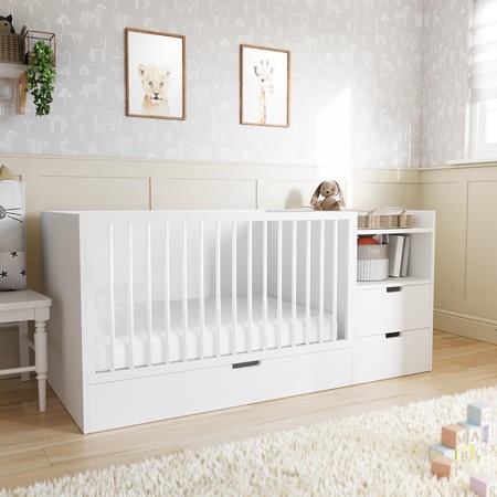 White Convertible Cot Bed with Drawer and Changer - Roscoe - Furniture123