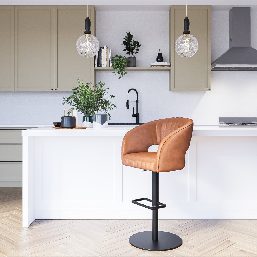 ALMOST PERFECT - Curved Tan Faux Leather Adjustable Swivel Bar Stool with Back - Runa