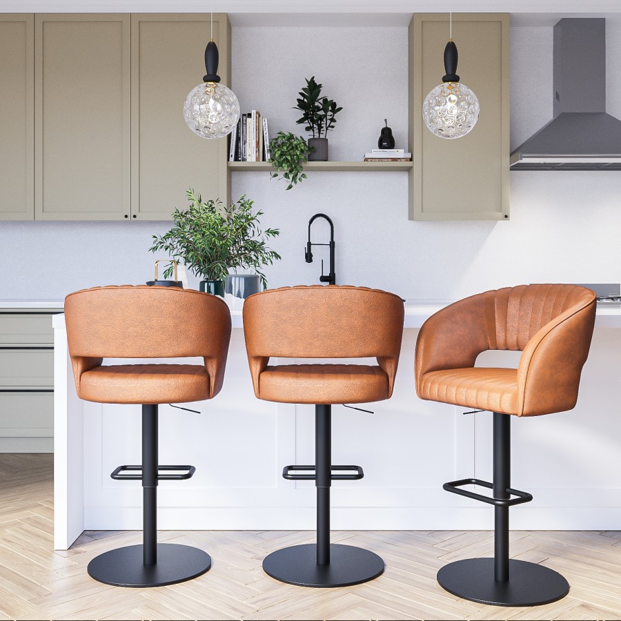 ALMOST PERFECT - Curved Tan Faux Leather Adjustable Swivel Bar Stool with Back - Runa