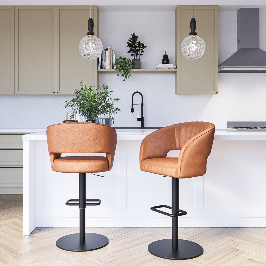 ALMOST PERFECT - Curved Tan Faux Leather Adjustable Swivel Bar Stool with Back - Runa
