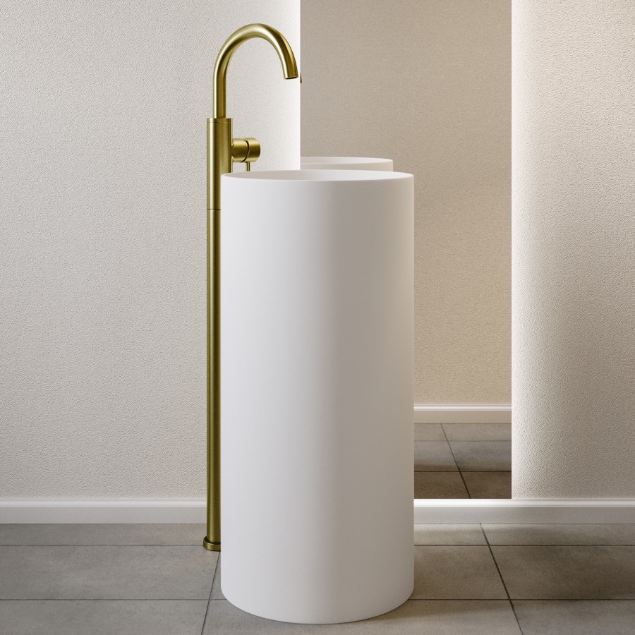 Matt White Round Stone Resin Freestanding Cylinder Pedestal Basin with Waste 400mm - Ruby