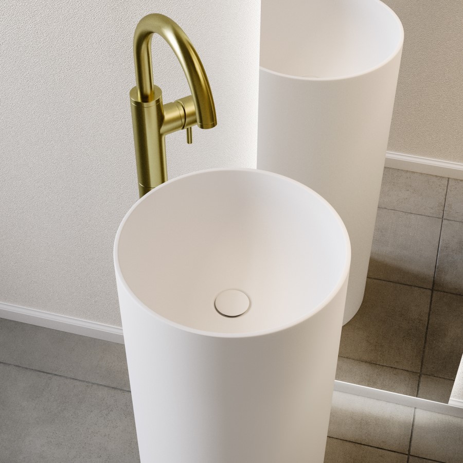 Matt White Round Stone Resin Freestanding Cylinder Pedestal Basin with Waste 400mm - Ruby