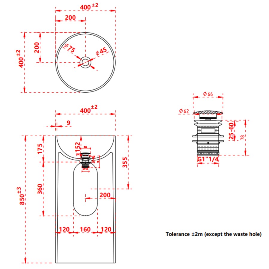 Matt White Round Stone Resin Freestanding Cylinder Pedestal Basin with Waste 400mm - Ruby