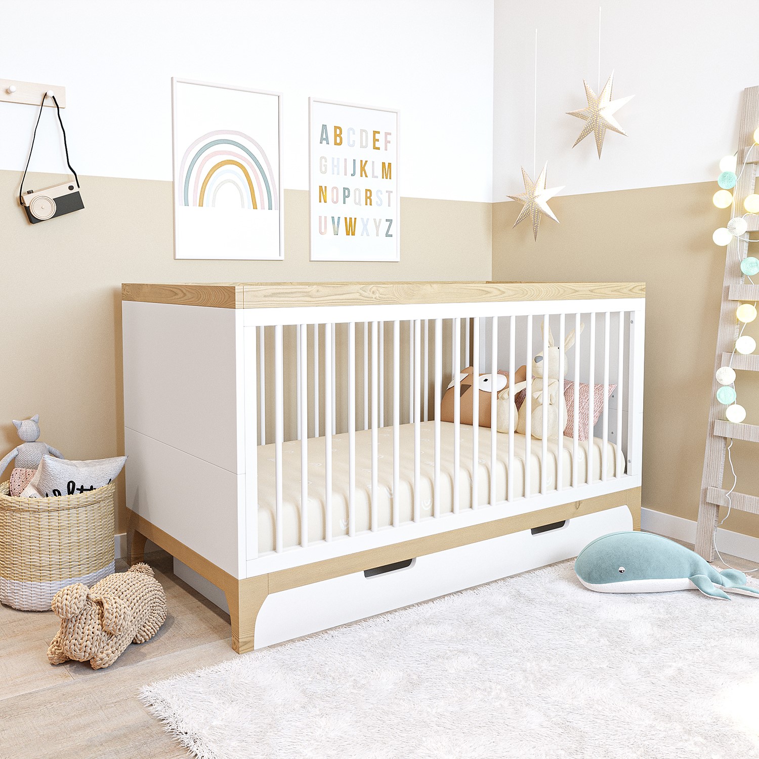 Photo of White and wood convertible cot bed with drawer storage - rue